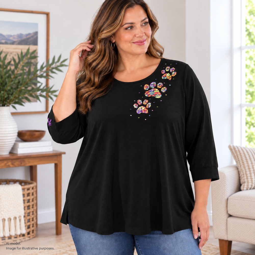 Quacker Factory Shirt Womens 1X Black Paw Print Meow Embroidered Rhinestone TAGS